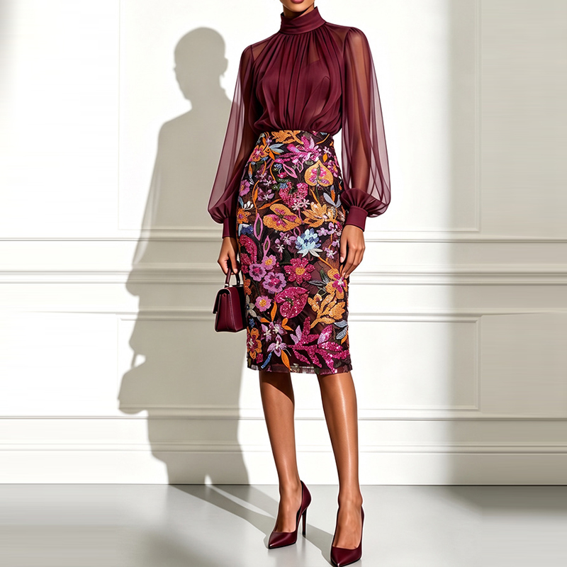 Midi Skirt Floral - Сексуальный комплект: блузка с высоким воротником